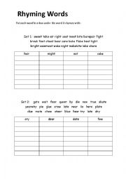 English Worksheet: Rhyming Words