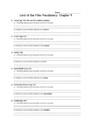 English Worksheet: Lord of the Flies: Chapter 9 Vocabulary Worksheet