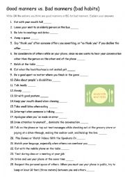 English Worksheet: Good manners vs. Bad manners (bad habits) 