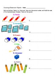 English Worksheet: Counting classroom objects (there is-there are)