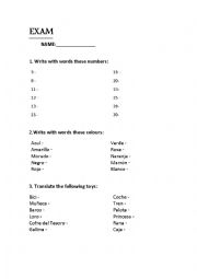 English Worksheet: Exam - numbers, colours, toys.