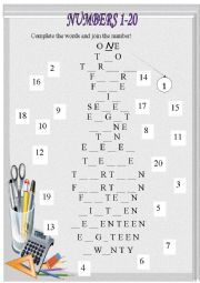 English Worksheet: Numbers 1-20 spelling
