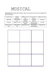 English Worksheet: Musical Bingo: Bohemian Rhapsody (w/ lyrics)