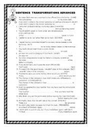 English Worksheet: SENTENCE TRANSFORMATIONS ADVANCED