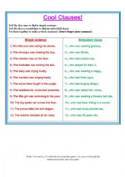 English Worksheet: Cool Clauses! A dice game for embedded clauses