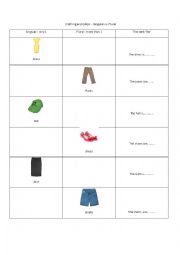 English Worksheet: Clothing and Colors - Singular vs. Plural