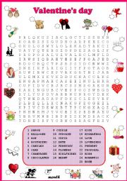 English Worksheet: Valentines Day Quiz No.2   Wordsearch