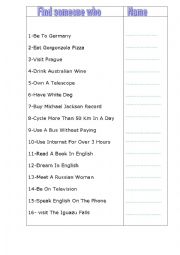 English Worksheet:  Find someone who   with the present perfect