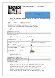 English Worksheet: Grenade by Bruno Mars