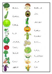 Fruit and vegetables missing vowels