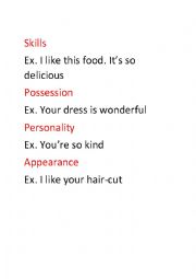 English Worksheet: complimenting someone