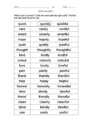 English Worksheet: suffixes adverbs and adjectives