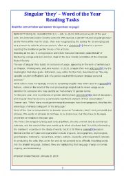 English Worksheet: Singular they: Word of the Year - 3 Reading Tasks (with Answer Key)