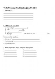 English Worksheet: Welcome Unit Test for English World 2