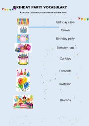 English Worksheet: Bday party vocabulary match exercise