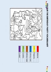 English Worksheet: Bday party vocabulary coloring exercise