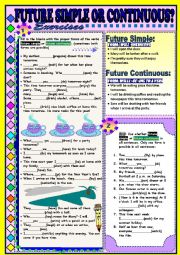 English Worksheet: FUTURE SIMPLE or CONTINUOUS? Exercises and short explanations