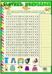 English Worksheet: Clothes :wordsearch with KEY