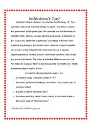 English Worksheet: Valentines Day Reading and Questions