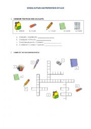 English Worksheet: School supplies and prepositions of place
