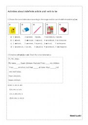 English Worksheet: Indefinite Article and Verb to be