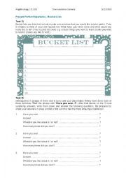 English Worksheet: Present Perfect Bucket List