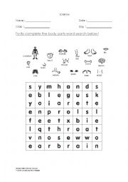 English Worksheet: body parts word search