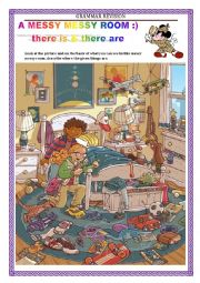 English Worksheet: GRAMMAR REVISION - there is there are  - A MESSY MESSY ROOM