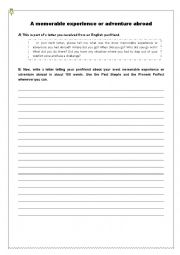 English Worksheet: A memorable experience or adventure abroad - 9th grade