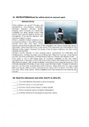 English Worksheet: Extreme Ironing Reading