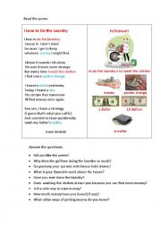 English Worksheet: I LOVE TO DO THE LAUNDRY (a poem+ questions)