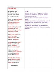 English Worksheet: OPPOSITE DAY (a poem + some tasks)