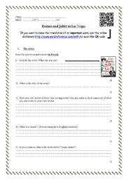 English Worksheet: Romeo and Juliet in Las Vegas reading worksheet #1 (the book cover and the cast)