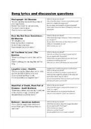 English Worksheet: Song lyrics to stimulate discussion