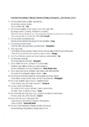 English Worksheet: Find the Personality, Place, Animal...... 