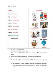 English Worksheet: TELL ME (a poem + speaking tasks)