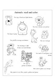 English Worksheet: Animals read and color