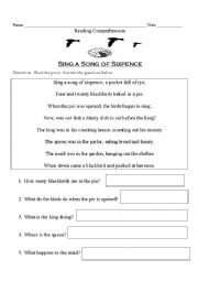 English Worksheet: Sing a Song of Sixpence- Reading Comp
