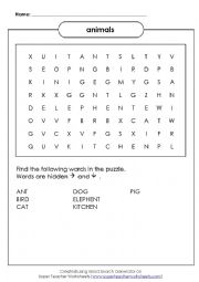 English Worksheet: animals word search