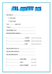English Worksheet: All about me and my family