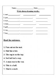 English Worksheet: Write rhyming words and reading sentences