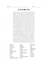 English Worksheet: A-Z at the Zoo Wordsearch