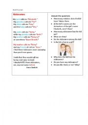 English Worksheet: NICKNAMES (a poem+ questions)