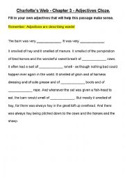 English Worksheet: Charlottes Web Chapter 3 Adjectives Cloze