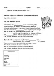 English Worksheet: USA NATIONAL ANTHEM