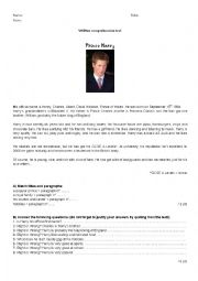 English Worksheet: Prince Harry - Written comprehension