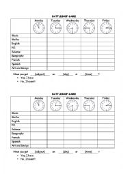 English Worksheet: subjects and time battleship