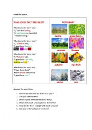 English Worksheet: WHO LOVES THE TREES BEST (a poem)