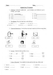 English Worksheet: test on greetings - the alphabet - class instructions- colours - days of the week