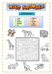 English Worksheet: Wild Animals - Wordsearch